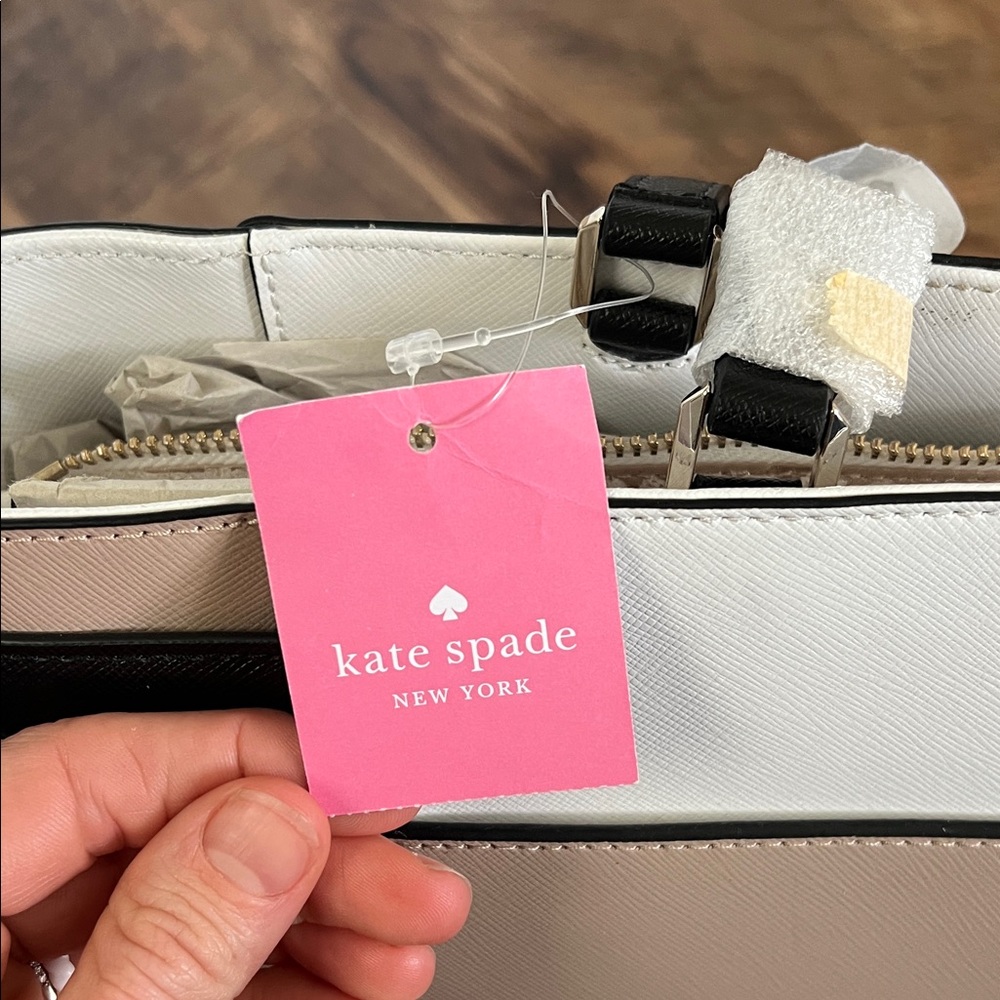 Kate Spade Laptop Tote WKRU7088 Colorblock Saffiano Leather Warm Beige - Picture 2 of 11